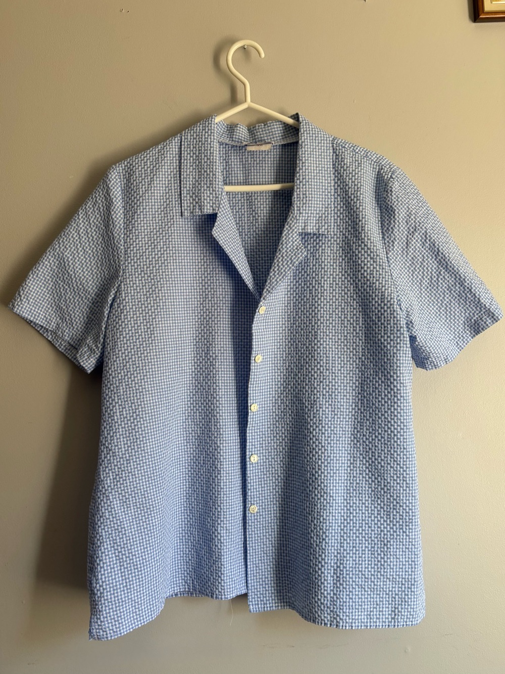 Vintage Short-Sleeve Gingham Button-Up Shirt/Blouse Light Blue Unisex